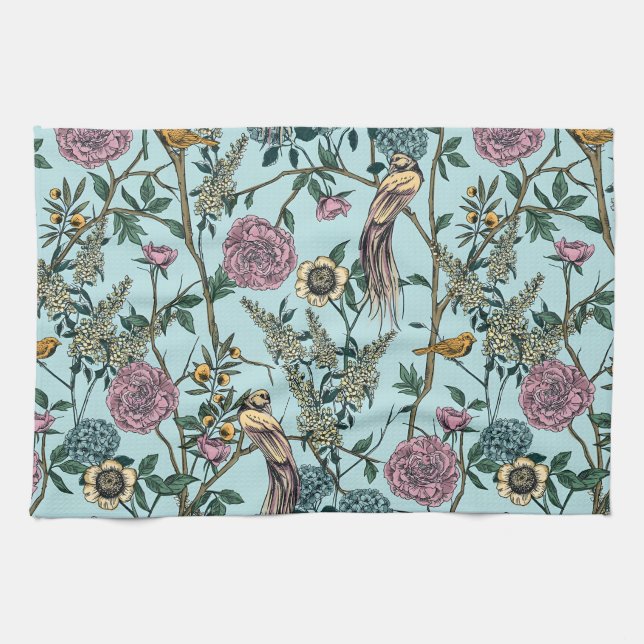 Vintage-style blue color botanical pattern  tea towel (Horizontal)