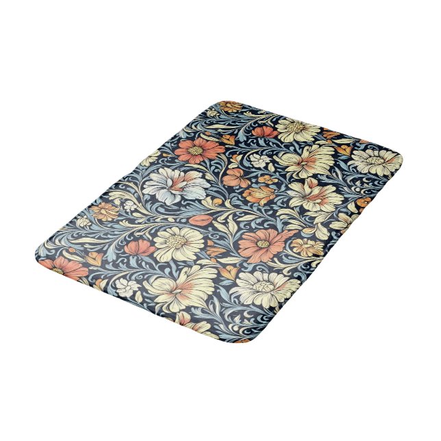 Vintage-style blue colour botanical pattern  bath  mat (Angled)