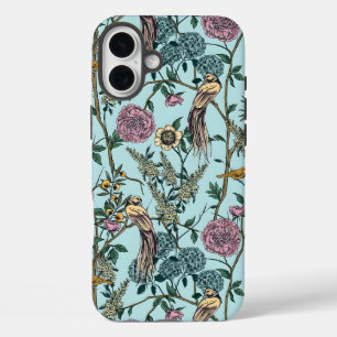 Vintage-style blue colour botanical pattern iPhone 16 plus case
