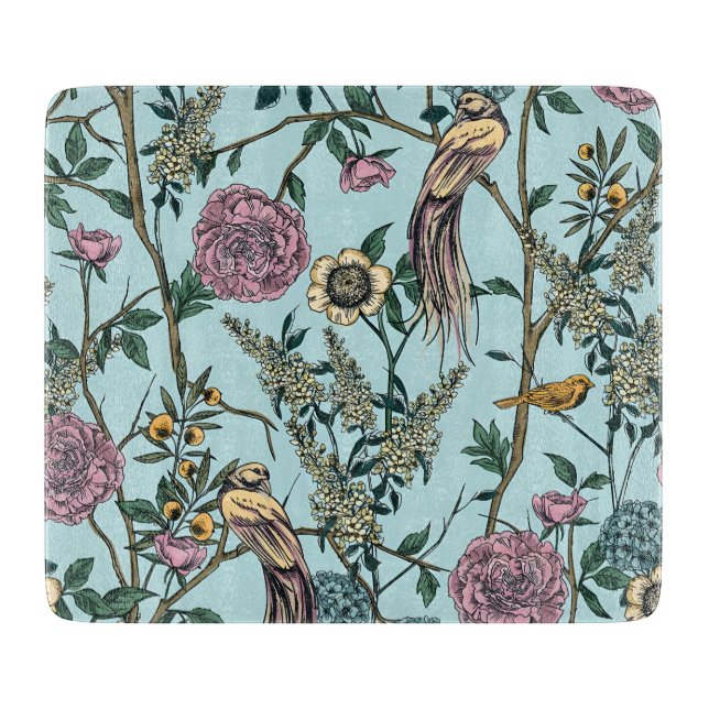 Vintage-style blue colour botanical pattern  cutting board (Front)