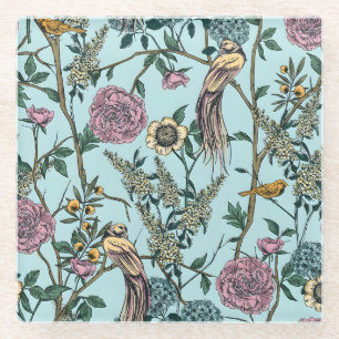 Vintage-style blue colour botanical pattern  glass coaster