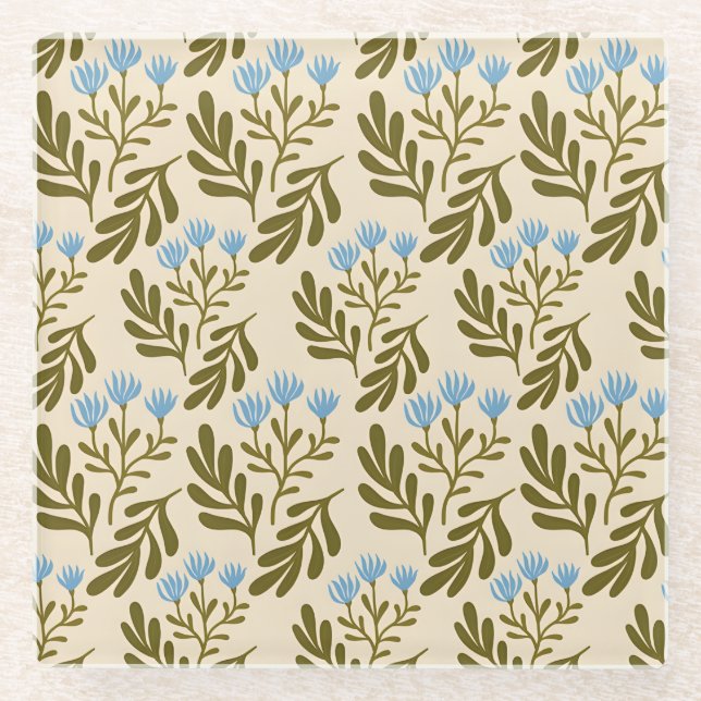 Vintage-style blue colour botanical pattern  glass coaster (Front)