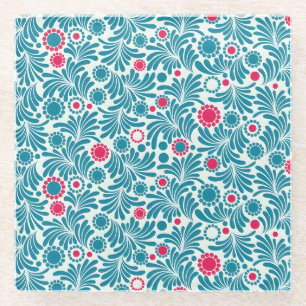 Vintage-style blue colour botanical pattern  glass coaster