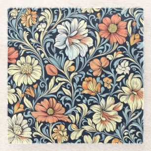 Vintage-style blue colour botanical pattern glass coaster