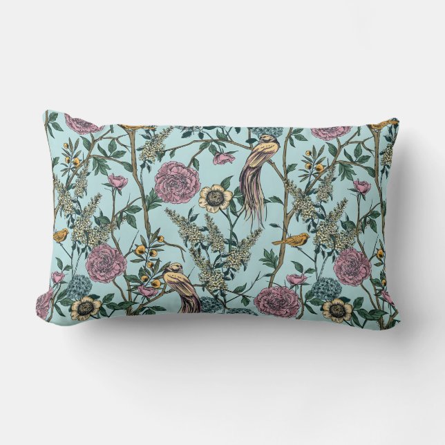 Vintage-style blue colour botanical pattern  lumbar cushion (Front)