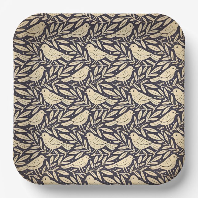 Vintage-style blue colour botanical pattern  paper plate (Front)
