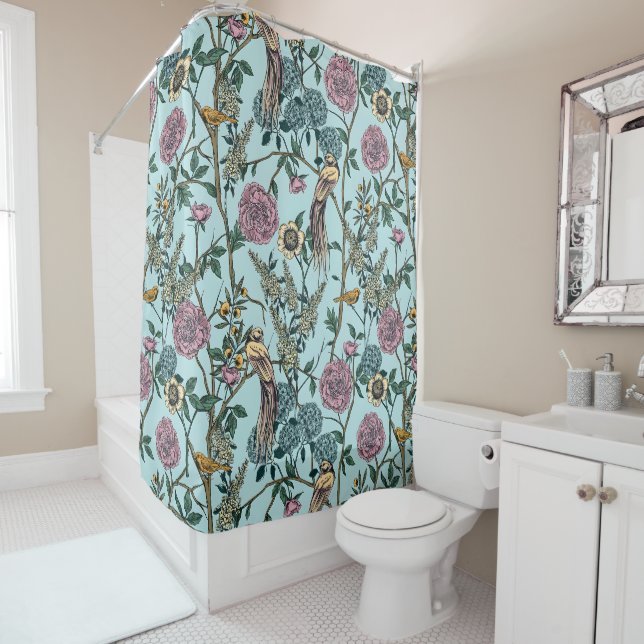 Vintage-style blue colour botanical pattern  shower curtain (In Situ)