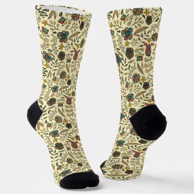 Vintage-style blue colour botanical pattern  socks (Angled)