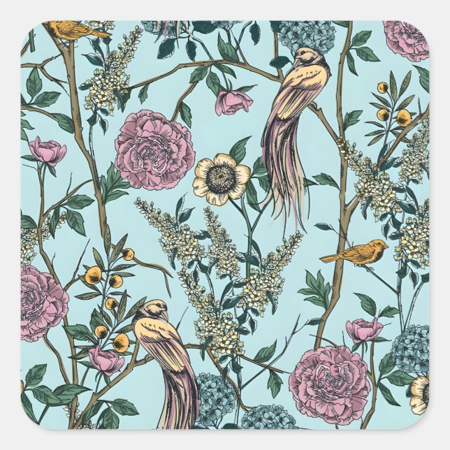 Vintage-style blue colour botanical pattern  square sticker (Front)