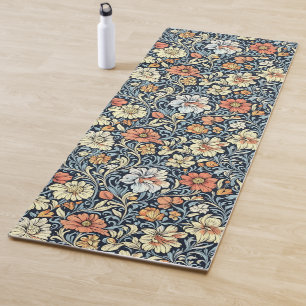 Vintage-style blue colour botanical pattern yoga mat