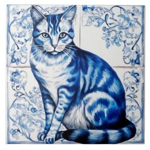 Vintage Style Blue Delft Cat Ceramic Tile. Tile
