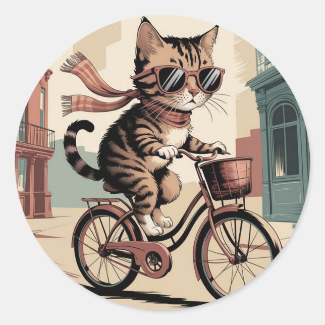 Vintage Style Cat Classic Round Sticker (Front)
