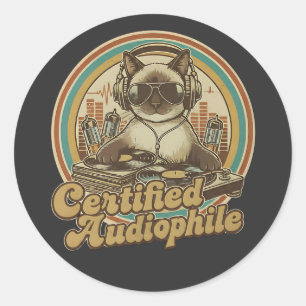 Vintage Style Cat Listening to Vinyl Records Classic Round Sticker