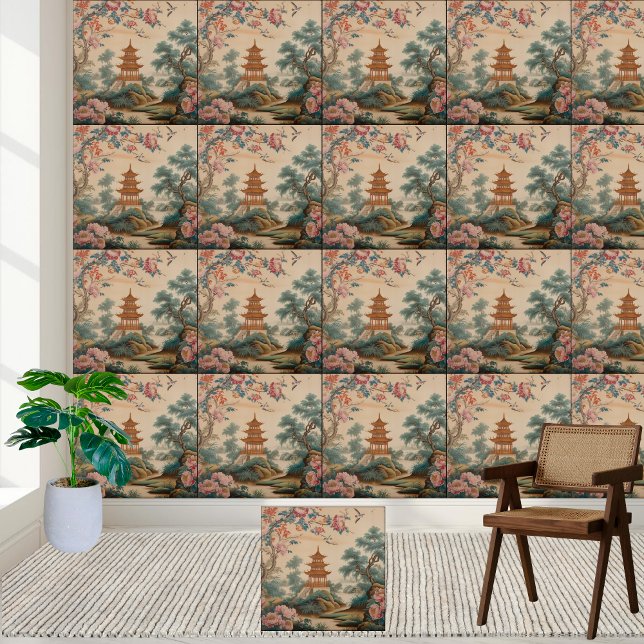 Vintage Style Chinoiserie Garden Scene Tile (Vintage Style Chinoiserie Garden Scene Tile)