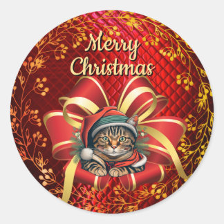 Vintage Style Christmas Cat Classic Round Sticker
