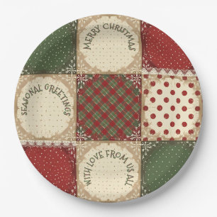 Vintage Style Christmas Cottage Patch Red Green Paper Plate