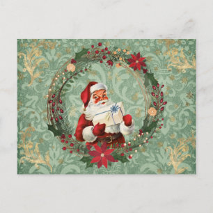 Vintage Style Christmas Santa and Wreath Postcard