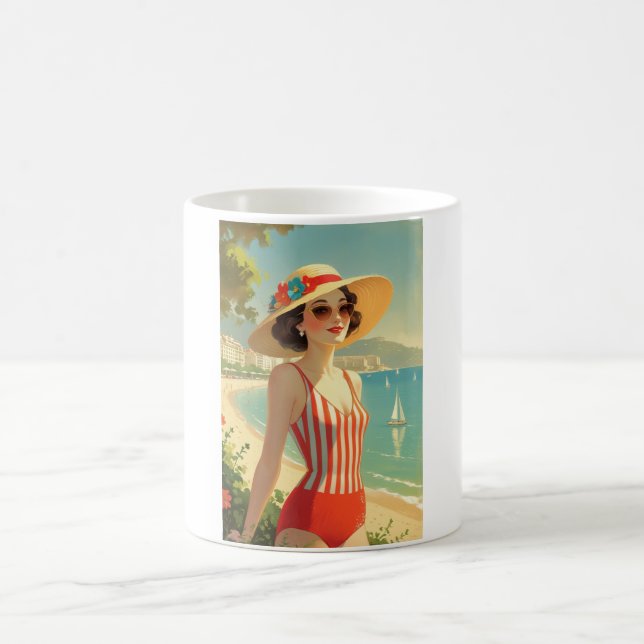 Vintage Style Cote D'Azur Beach Girl Coffee Mug (Center)