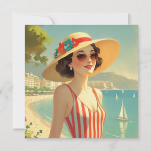 Vintage Style Cote D'Azur Beach Girl Flat Card