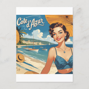 Vintage Style Cote D'Azur Beach Girl Holiday Postcard
