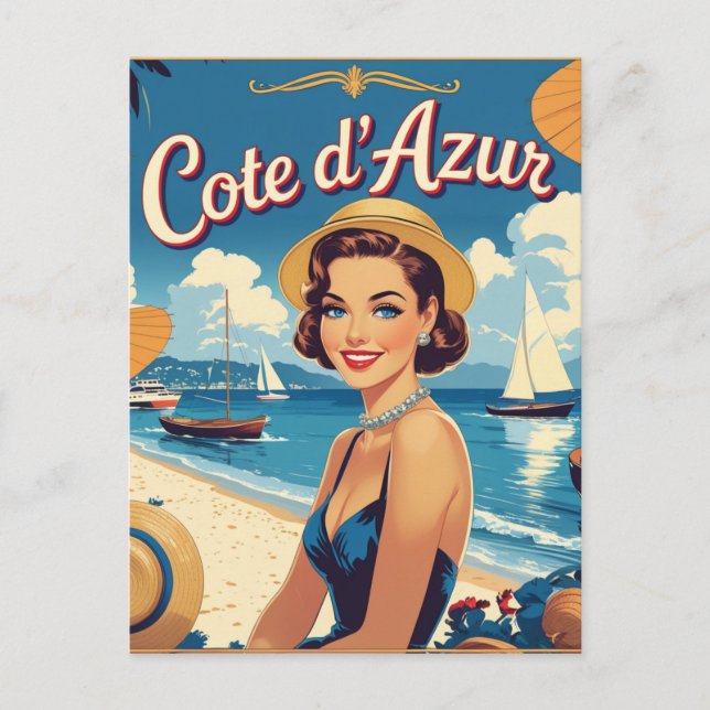 Vintage Style Cote D'Azur Beach Girl Holiday Postcard (Front)
