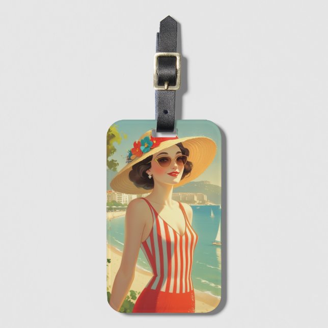 Vintage Style Cote D'Azur Beach Girl Luggage Tag (Front Vertical)