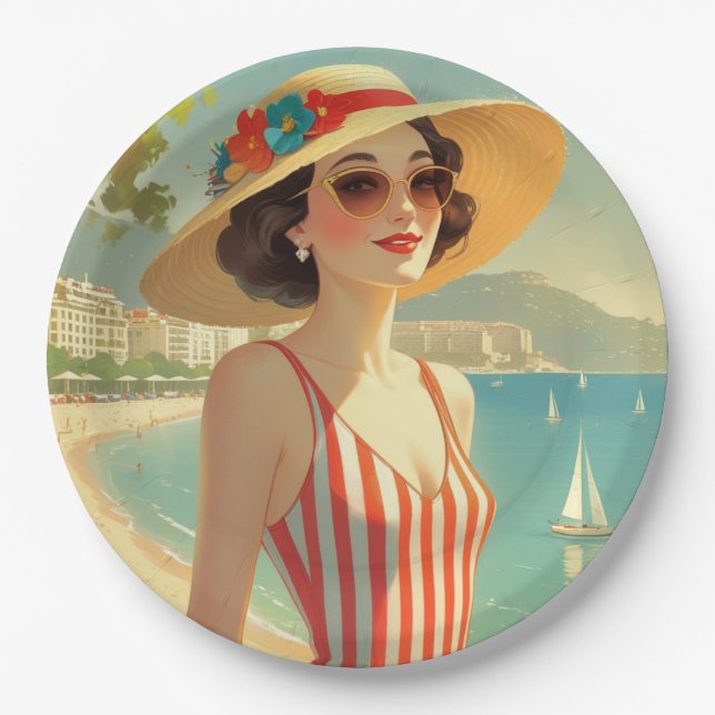 Vintage Style Cote D'Azur Beach Girl Paper Plate (Front)