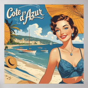Vintage Style Cote D'Azur Beach Girl Poster