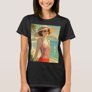 Vintage Style Cote D'Azur Beach Girl T-Shirt