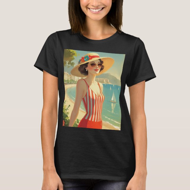 Vintage Style Cote D'Azur Beach Girl T-Shirt (Front)