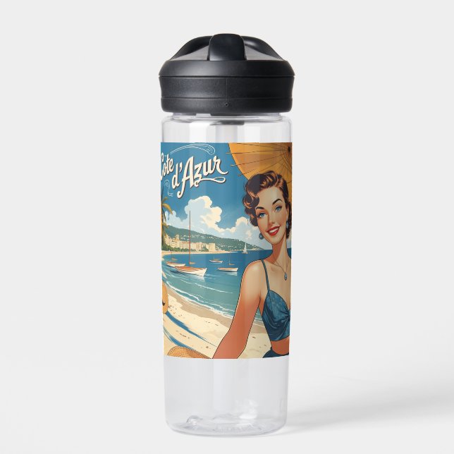 Vintage Style Cote D'Azur Beach Girl Water Bottle (Front)
