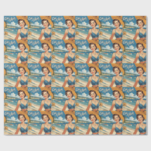 Vintage Style Cote D'Azur Beach Girl Wrapping Paper
