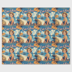 Vintage Style Cote D'Azur Beach Girl Wrapping Paper