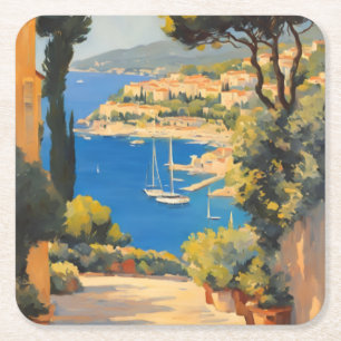 Vintage Style Cote D'Azur French Travel Painting Square Paper Coaster