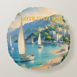 Vintage Style Cote D'Azur French Travel Round Cushion