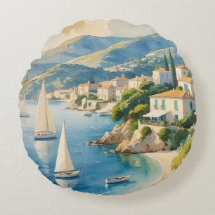 Vintage Style Cote D'Azur French Travel  Round Cushion