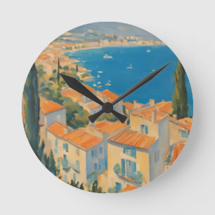 Vintage Style Cote D'Azur French Travel Watercolor Round Clock