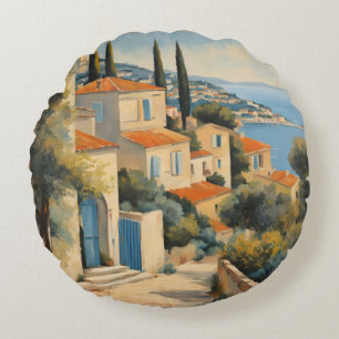 Vintage Style Cote D'Azur French Travel Watercolor Round Cushion