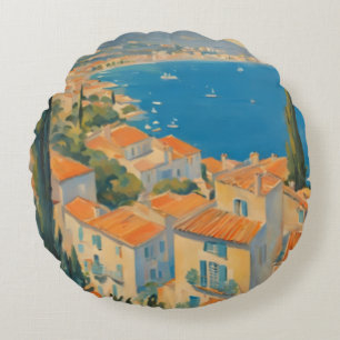 Vintage Style Cote D'Azur French Travel Watercolor Round Cushion