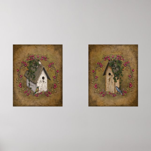 Vintage Style Crackled Effect Birdhouses Berries  (Front)