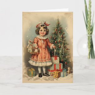 Vintage Style Cute Girl with Gifts Christmas Card
