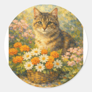 Vintage Style Cute Kitten in Flower Garden T-Shirt Classic Round Sticker