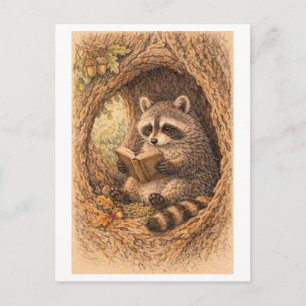 Vintage-Style Drawing of Raccoon Reading in Tree Postcard