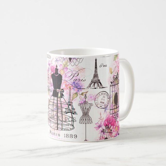 Vintage style Eiffel Tower collage pink floral Coffee Mug (Front Right)