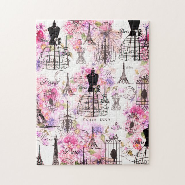 Vintage style Eiffel Tower collage pink floral Jigsaw Puzzle (Vertical)