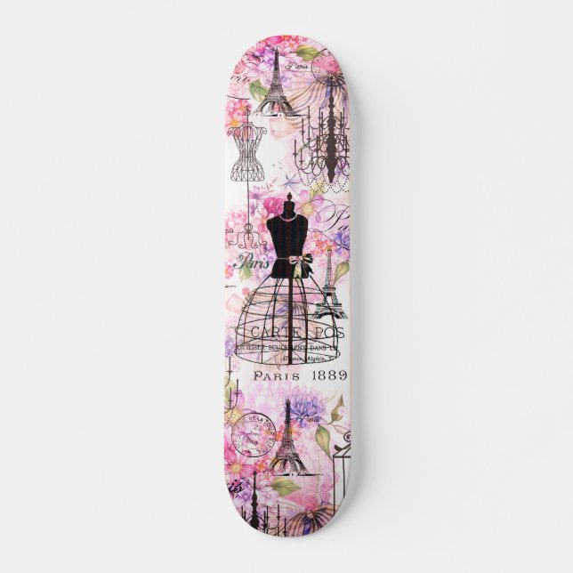 Vintage style Eiffel Tower collage pink floral Skateboard (Front)