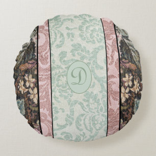 Vintage Style Elegant Floral Pastel Monogram Round Cushion