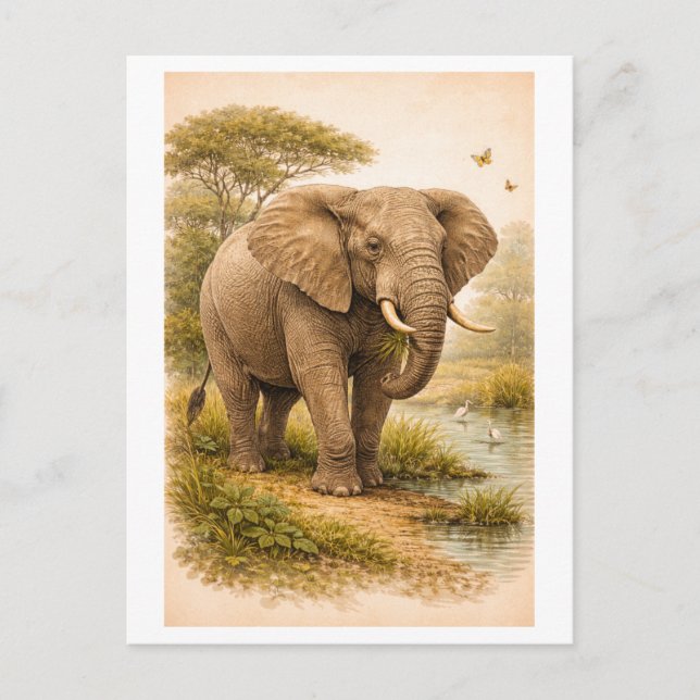 Vintage-Style Elephant Illustration Postcard (Front)