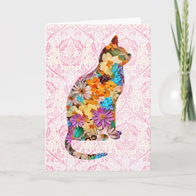 Vintage Style Floral Cat Art Note Card (Front)