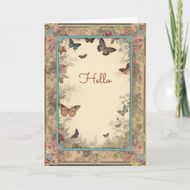 Vintage Style Flowers Butterflies Hello Greeting Card (Front)